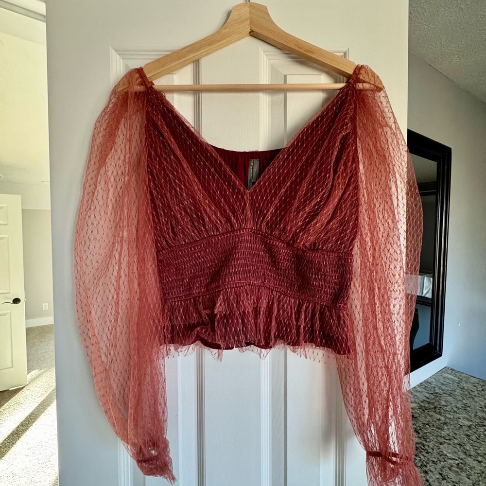 Anthropologie Tulle V-neck Blouse with Puffed Sleeves